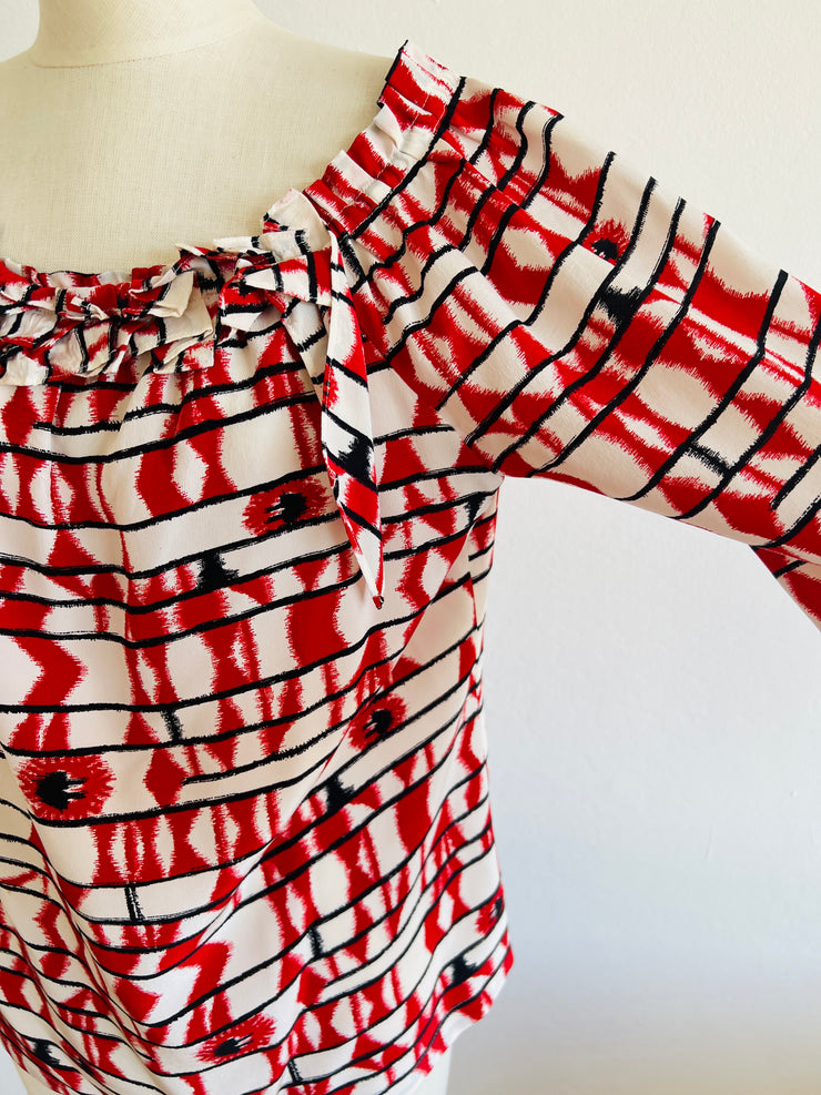 Red Black White Silk Blouse