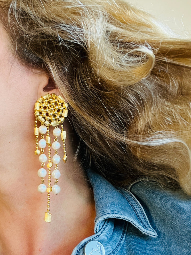 Shoulder Duster Gold & Faux Pearl Earrings