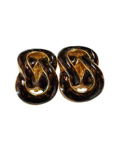 Tortoiseshell Print Gold Chain Link Clip Earrings