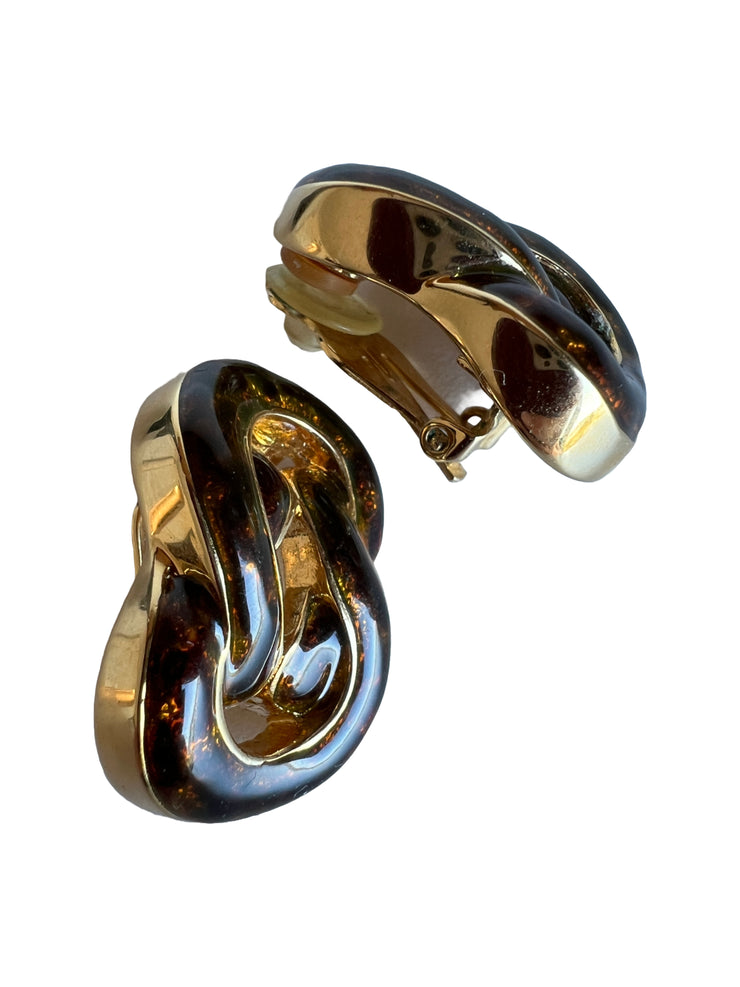 Tortoiseshell Print Gold Chain Link Clip Earrings