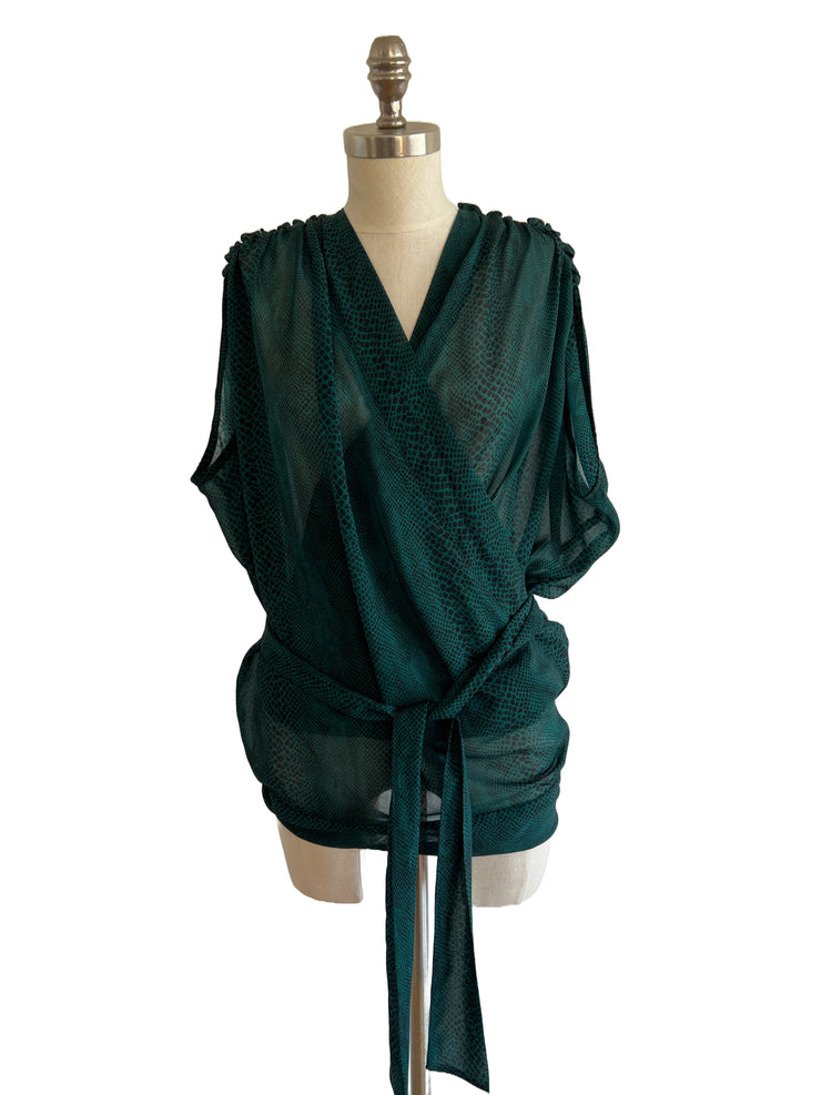 Green Snake Print Wrap Blouse