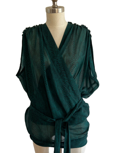 Green Snake Print Wrap Blouse