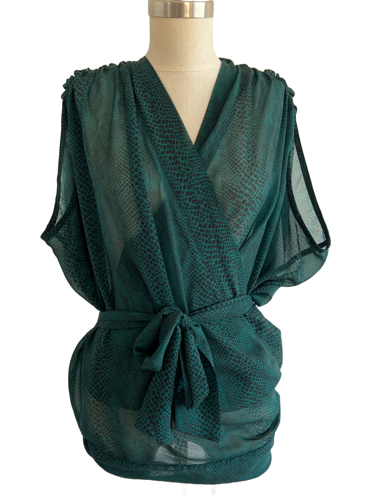 Green Snake Print Wrap Blouse