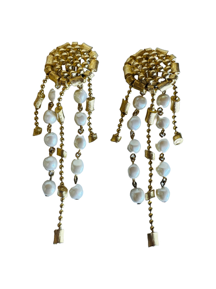 Shoulder Duster Gold & Faux Pearl Earrings