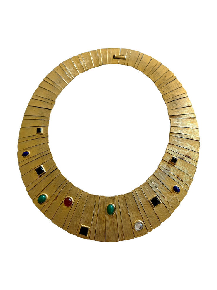 Jeweled Cabochon Egyptian Inspired Gold Collar Necklace