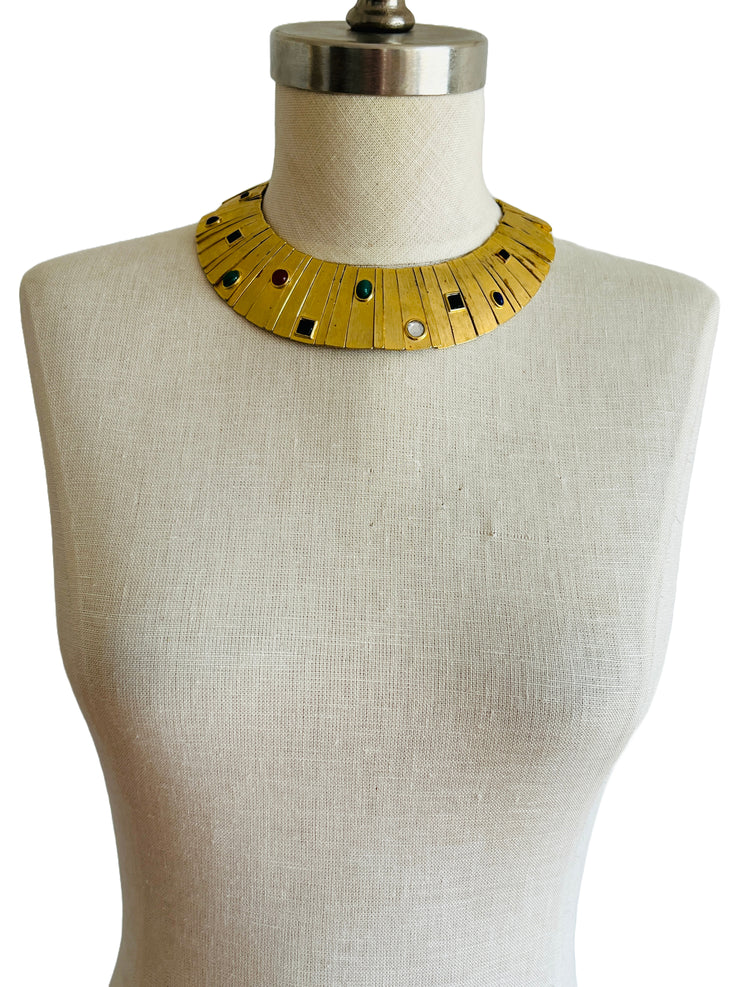 Jeweled Cabochon Egyptian Inspired Gold Collar Necklace