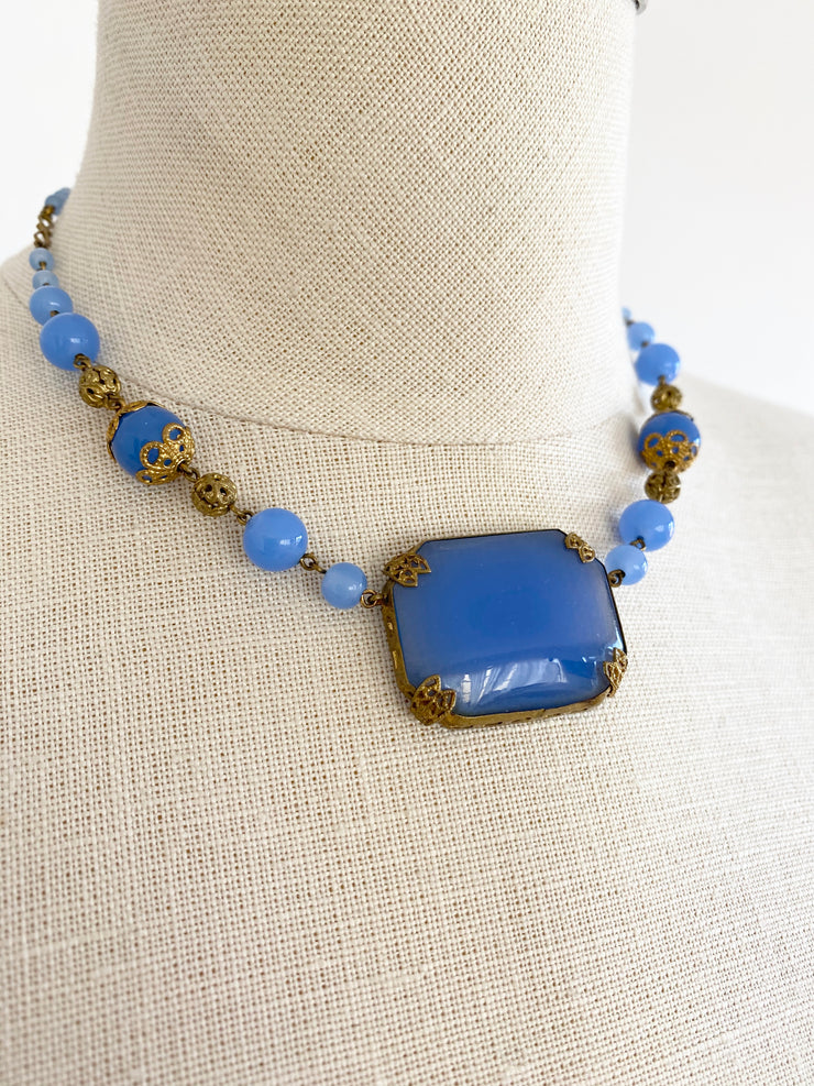 Czech Blue Glass Pendant Necklace